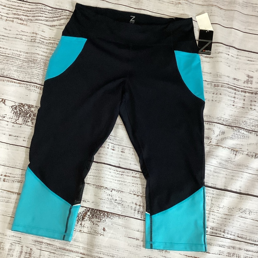 879.Zella Capri Leggings Black & Turquoise Sheer 2X NWT